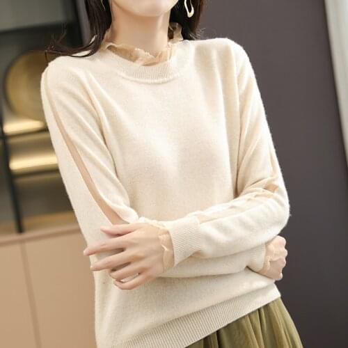 2021 Winter O-Neck Collar Jackets 100% Wool Knitted Pullovers Women Cashmere Sweaters Woolen Tops Lady Lace Clothes