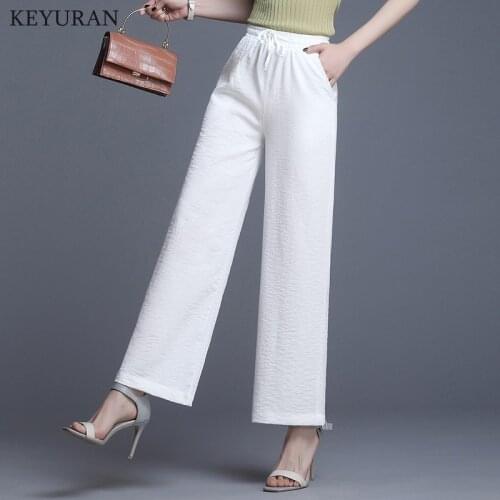 2021 Summer Cotton Linen Wide Leg Pants Women Casual Loose Plus size Trouser 3XL Large Size Straight Elastic Waist Pant
