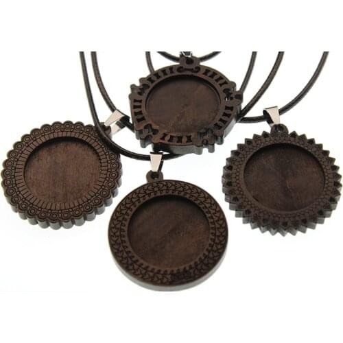 5pcs Wood Cabochon Settings fit 25mm Glass Blank Cameo Necklace Pendant Base trays with Leather Cord for DIY Jewelry Making