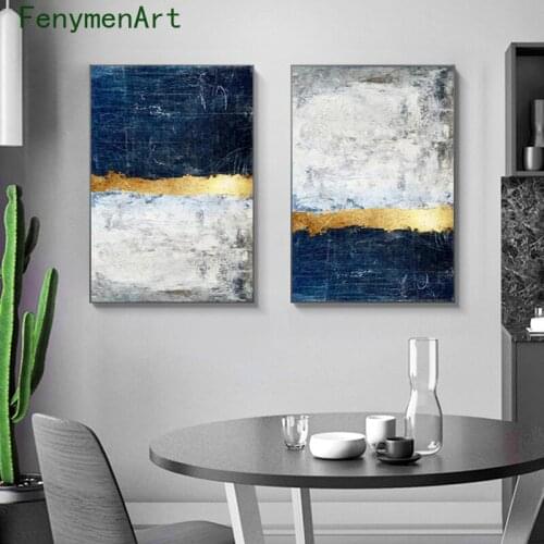Abstract Gold Foil Block Canvas Painting Blue White Poster Print Modern Golden Wall Art Picture for Living Room Home Decor