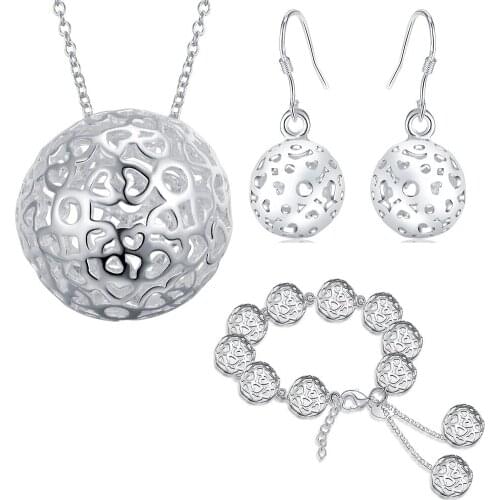 Hot 925 sterling Silver Heart Ball Pendant Bracelet necklace earrings Jewelry set for women Fashion Party wedding Holiday gifts