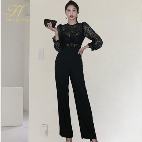 H Han Queen Women Spring Simple OL Jumpsuits Lace Stitching Sexy Fashion Pants Jumpsuit Wide Legs Long Romper Work Playsuits