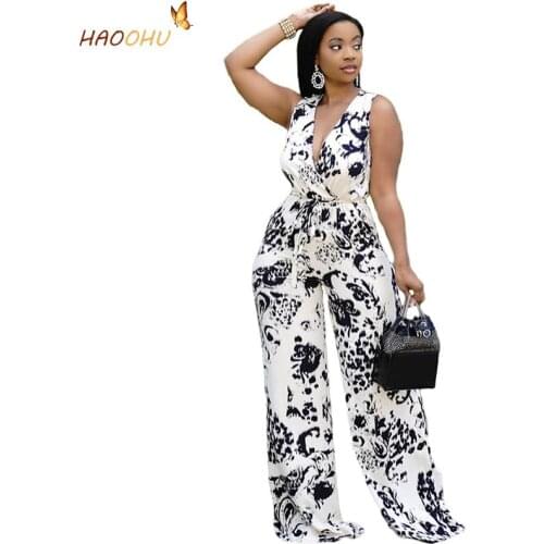 HAOOHU Female Jumpsuit Deep Cross V-Neck Loose Belted Pocket Wide Leg Jumpsuit Elegant Sexy Womens Clothing Summer 2021 New
