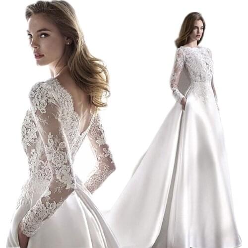 Lace Long Sleeve Wedding Dress Luxury Satin Beach Wedding Dresses Zipper Back A-line Boho Wedding Gown Customize Color