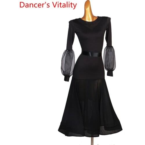 Ballroom dance competition set dance latin dresses standard dance dress women shasha bishop sleeve top +skirt Custom size