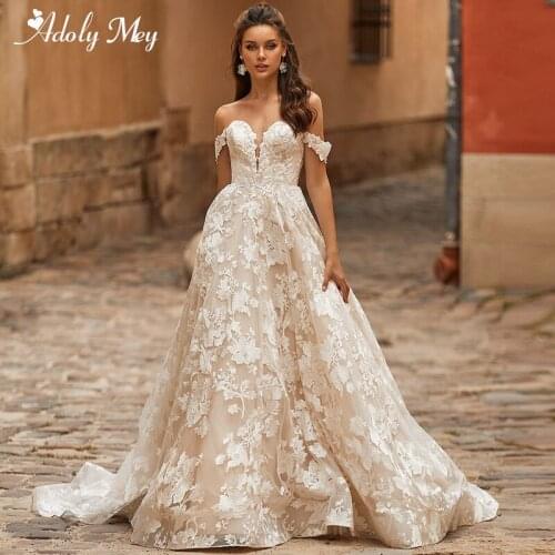 Adoly Mey Charming Strapless Off the Shoulder Bride A-Line Wedding Dresses Glamorous Appliques Court Train Princess Bridal Gown