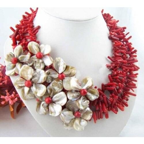 Hot sell new - Flower!!natural coral&ahell pearl neckalce/earring set Fashion AKOYA Free