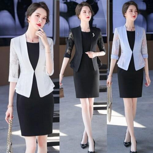 Fashion Ladies White Blazer Women Business Suits Dress and Jacket Sets Work Wear Uniforms Half Sleeve