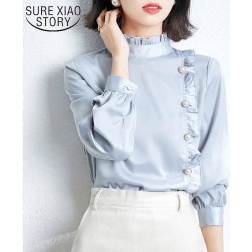 Spring Ruffled Ladies Shirts Korean Elegant Chiffon Shirt Loose Slim Blouse Women Stand Collar Long Sleeve Buttons Tops13201