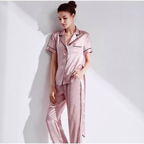 Silk Nightwear Lady Suit 100% real Silk Home pajama sets Simple Pure Color Short Sleeved Trousers Two Sets