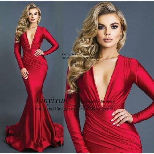 Sexy Long Red Mermaid Evening Dresses Deep V-neck Long Sleeves Spandex Formal Evening Gowns Custom Made Prom Dress Vestidos