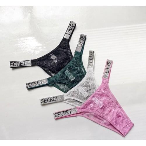 Lace Letter Sexy G String Women Panties Thong Seamless Girls Rhinestone Transparent Underwear For Female Low Rise Ladies Briefs
