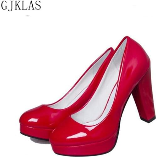 Patent Leather Pumps Women Shoes High Heel Red Black White Platform Shoes Wedding Heels Big Size 42 Woman Shoes Chunky Heels