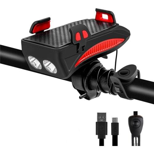 Bicycle Front Light Flashlight With Phone Holder Horn Alarm Bell USB Rechargeable Cycling Bike Lamp Headlight 4000mAh Power Bank