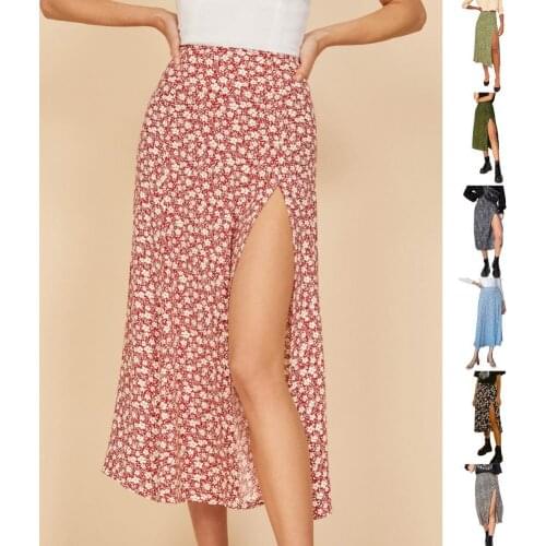 Summer Women High Waist Skirts Wraps Fashion Casual Split Beach Midi Skirt Ladies Leopard Flower Printed Skirt Female Side Open