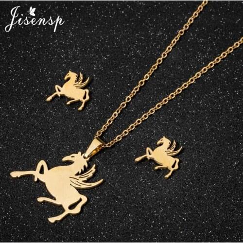 Jisensp Romantic Unicorn Stainless Steel Jewelry Sets Lovely Horse Wing Pendants Necklace Earrings Sets Women Wedding Jewelry