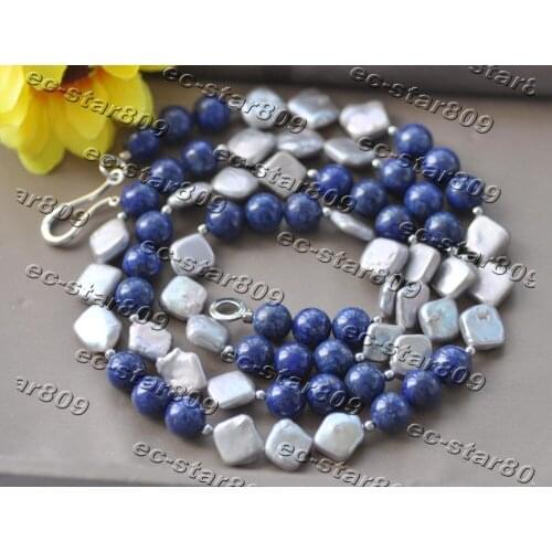 Z11231 36"-50“ 13mm Gray Square Coin Pearl Round Blue Lapis Lazuli Bead Necklace Woman Fashion Jewelry
