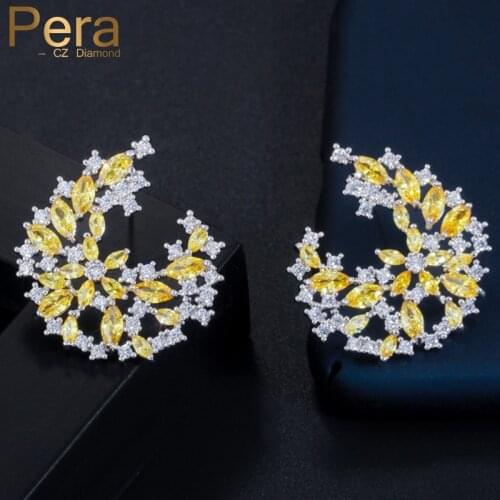 Pera Asymmetric Designer Ear Jewelry Marquise Cut Yellow and White Cubic Zirconia Fashion Women Flower Big Stud Earrings E459