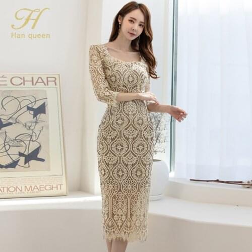 H Han Queen Autumn Sexy Gouhua Lace Pencil Bodycon Dress Women Hollow See Through Sheath Dresses OL Work Party Vestidos