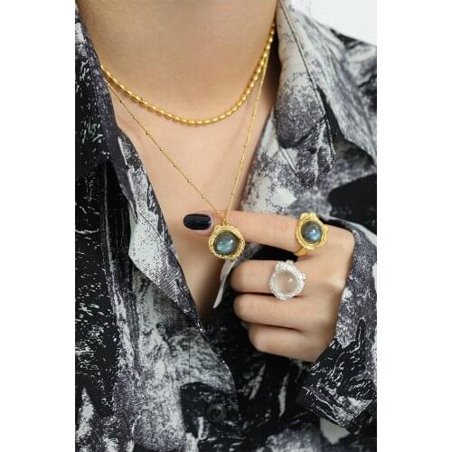 925 Sterling Silver Natural Stone Charms Necklace Designer T Show Runway Party Gown Wedding Rare Japan Korean Trendy INs