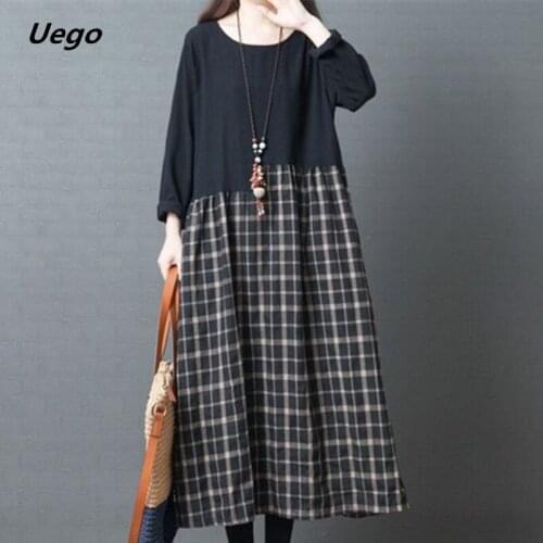 2021 Long Sleeve Autumn Dress Cotton Linen Patchwork Loose Plaid Office Lady Work Dress Female Women Casual Spring Long Dress