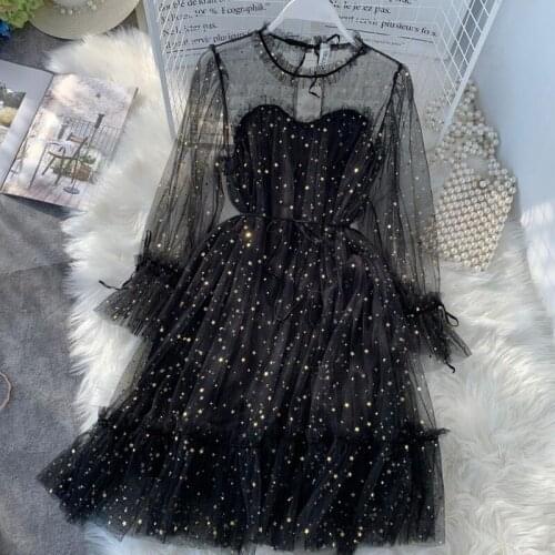 2019 Summer Mesh Sequined Sexy Club Dress Women O Neck Long Sleeve Bandage Dress Female Fashion Sweet Vintage Party Dresses