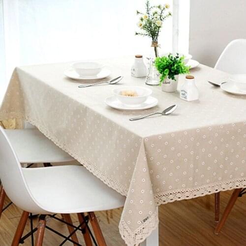 1pc Daisy Flower Pattern Tablecloth Romantic Pastoral Linen Cotton Lace Edge Rectangular Table Cloth Home Decoration