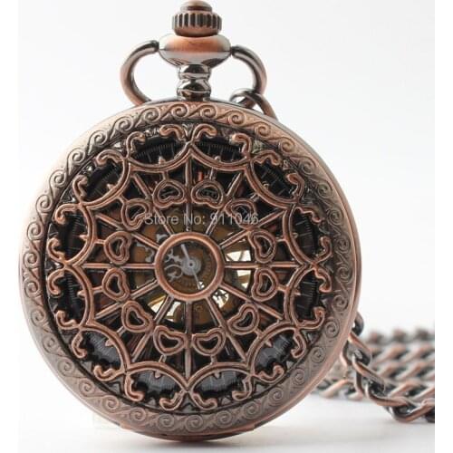 DHL Free Shipping 10pcs/lot High Quality Red Copper Mechanical Pocket Watch Black Dial Skeleton Mens Pocket Watch Wholesale