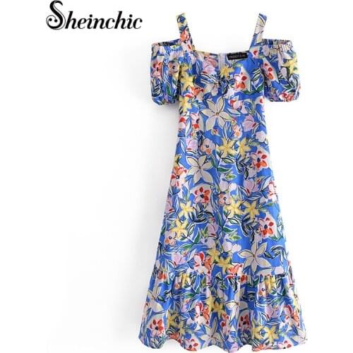Bohemian Beach Dress Vacation Boho Elegant Ruffles Short Sleeve Flower Printed Midi Dresses Chiffon Robe Femme 2021
