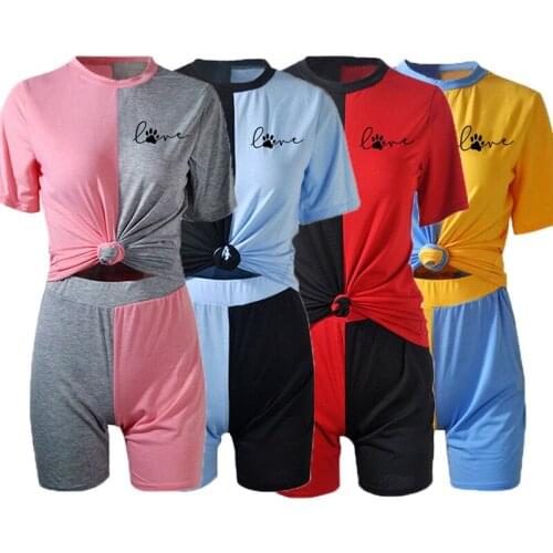 2 Pcs Set Summer Womens Color-blocking T-shirt+Shorts Love Cat Paw Printing Fashion Casual Daily Slim Female Tracksuit S-5XL