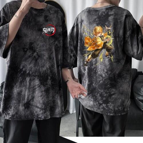 Hot Anime Demon Slayer Zenitsu Tie Dye T-shirt Short Sleeve O-Neck