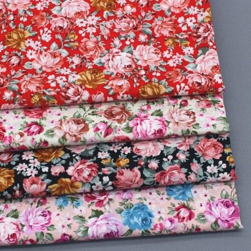 Pretty Beige Red Black Pink All Over Blooming Flowers Printed Cotton Poplin Fabric 50x140cm Floral Fabric Patchwork DIY Sewing
