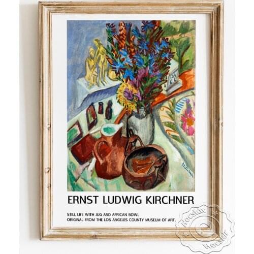 Ernst Ludwig Kirchner Exhibition Museum Poster, Still Life With Jug And African Bowl Canvas Painting, Flower Bouquets Home Decor