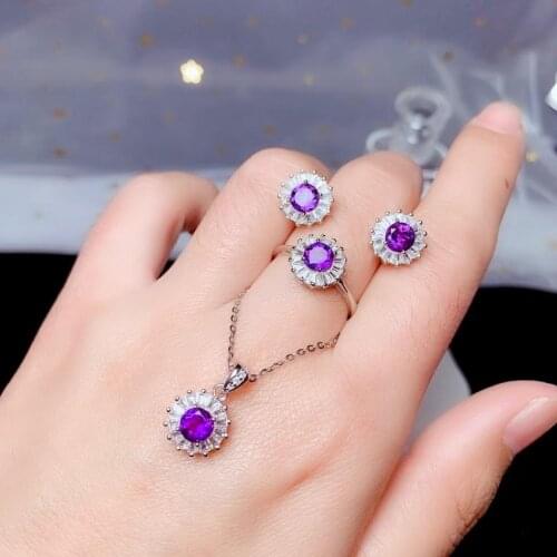Natural amethyst set simple exquisite 925 Sterling Silver Lady necklace ring earrings party gift certificate