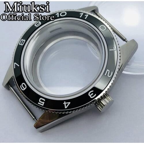 Miuksi 41mm silver case sapphire glass black ceramic bezel watch case fit ETA 2836,Mingzhu DG2813/3804,Miyota 82 series movement