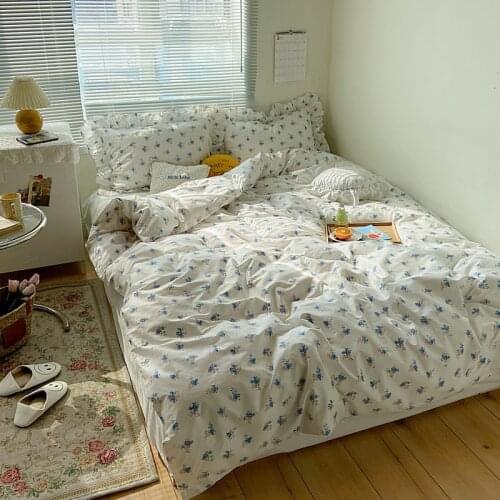 Blue Floral Duvet Covers Set Vintage Floral Print White 100%Cotton Bedding-Comforter Cover Bed Sheet Pillowcases Twin Full Queen