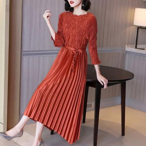 Plus Size Dress Spring Autumn Women 2021 Elastic Miyake Pleated Loose Solid Color Round Neck A Line Dresses For Women 45-75kg