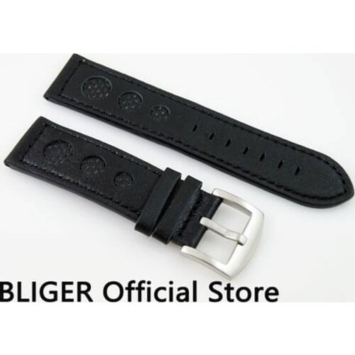 BLIGER 23MM 1PCS Black Genuine Leather Watch Strap Stainless Steel Buckle Pin Clasp Watch Band Suitable For Mens Watch ST10