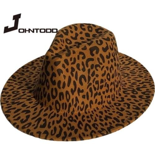 Unisex flat brim wool felt jazz fedora hat men and women leopard print leather band decoration tribe Panama formal hat cowboy