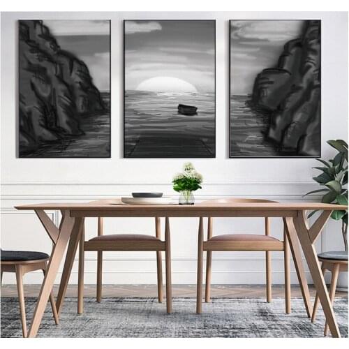 Nordic modern black and white simple lake and sky landscape frameless triple paintings