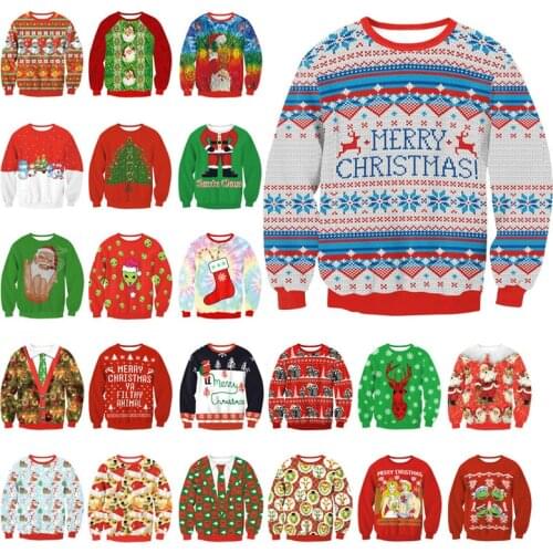 Unisex Men Women Sweater 2020 Plus Size Christmas Sweaters Print O-Neck Ladies Ugly Thin Tops Clothes Sleeve Winter Xmas XXL S27