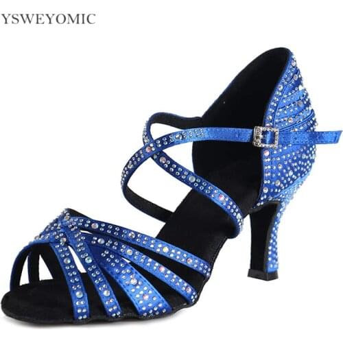 Women shoes For dance Blue Black Satin Rhinestones Latin Salsa Bachata Cha cha meduim Heel Trainning Bachata Latin Dance Shoes