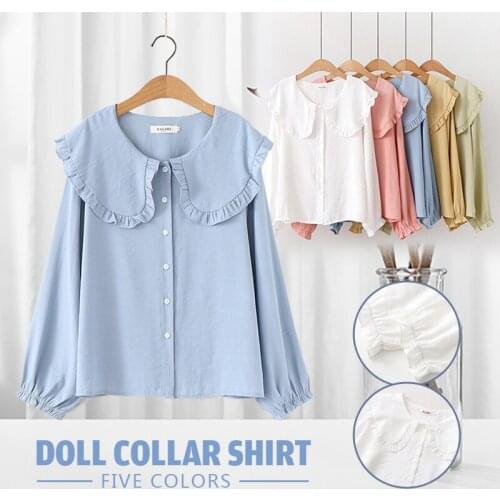 Spring Women Fashion Peter Pan Collar Shirts Lolita Chic Sweet Ruffle Blouse Girl Long Sleeve Cotton Tops