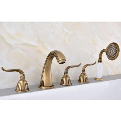 Vintage Retro Antique Brass Widespread 5 Holes Bathroom Roman Tub Bath Faucet with Telephone Style Hand Held Shower Head atf241