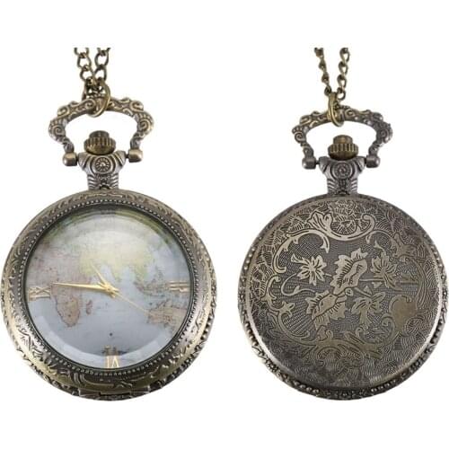 Vintage Quartz Pocket Watch World Map Roman Numeral Dial Clear Cover Alloy Chain Pendant Watches LL@17