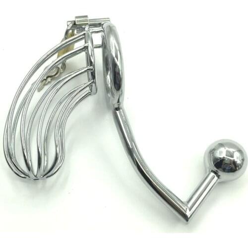 Adult Games Stainless Steel Cock Cage With Anal Hook Sex Toys Anal Plug Penis Cock Ring Sleeve Lock Male Chastity Device