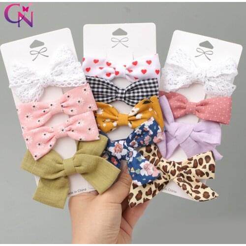 CN 4/2 Pcs/set Baby Girls Cotton Linen Leopard Hair Clips Barrettes Safty Printed Bowknot Hairpins Headwear Hair Accessories