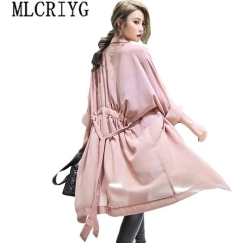 Hot Sale 2020 Summer Chiffon Windbreaker Women Long Loose Autumn Trench Coat For Women Belt Coats Lady Office Work Wear LX186
