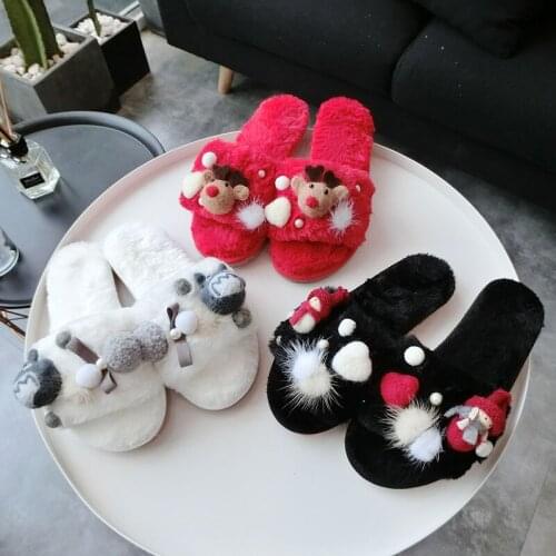 NAN JIU MOUNTAIN Christmas Slippers Women Plush Warm Home Slippers Winnter Deer Snowman Outside Open Tea Woman Shoes