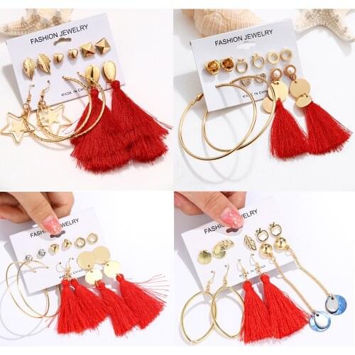 17New Design Red Color Flower Long Tassel Stud Earrings Set Star Moon Heart Round Irregular Steel Earrings Female Fringe Brincos